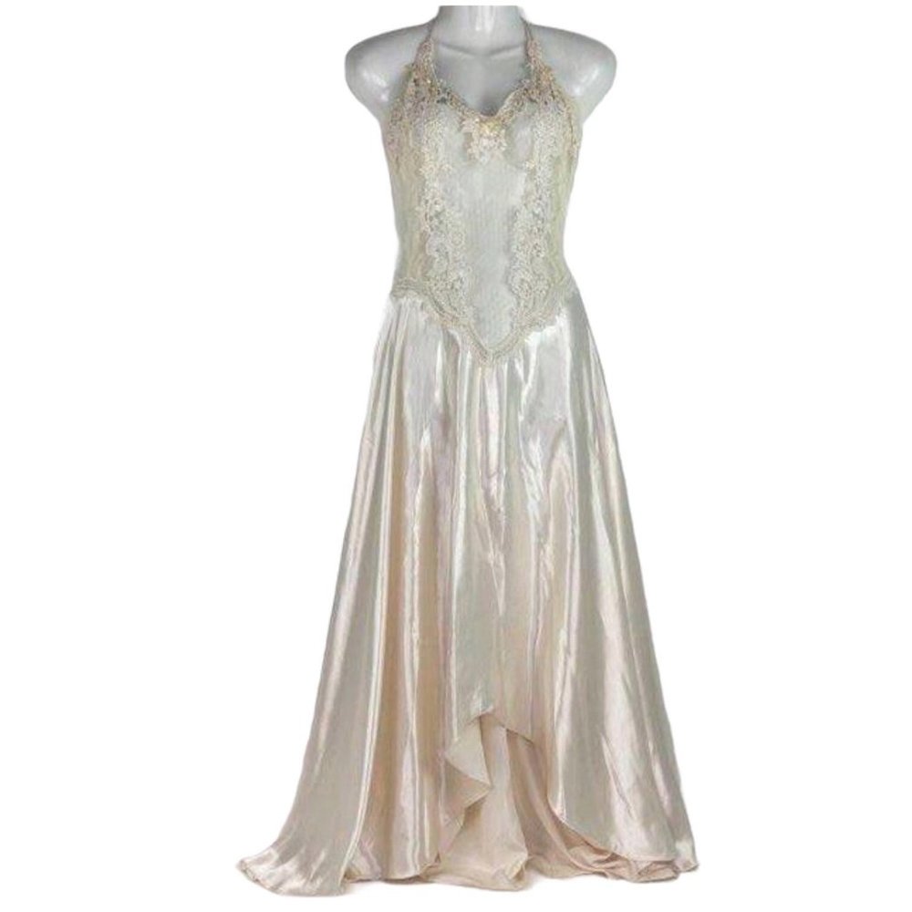 Vintage Victorias Secret L Bridal Nightgown Backless Halter Sheer Lace Front